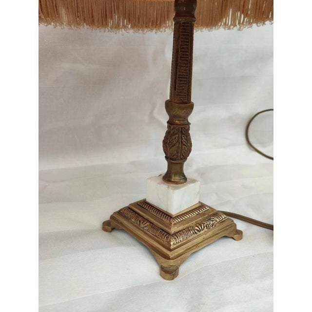 1950s Louis XVI Style Table Lamps in Brass with Fringed Shades, 1970s, Set of 2 For Sale - Image 5 of 12