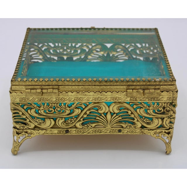 Antique French Art Nouveau Brass Beveled Glass Jewelry Box For Sale - Image 4 of 12