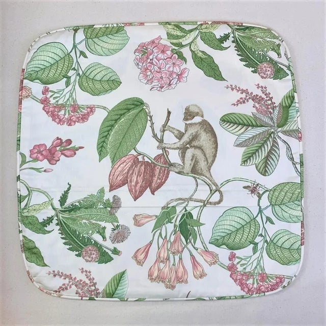 Traditional Contemporary Designer P Kaufmann Lydia Irwin Ivory, Pink, Green & Tan Botanical Floral Jungle Leaves Monkey Tropical Pillow Covers- a Pair For Sale - Image 3 of 7