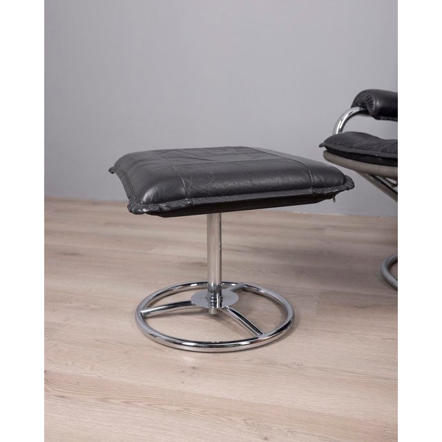 Black Set of Vintage Italian Black Leather Armchair and Ottoman, 1970s For Sale - Image 8 of 11