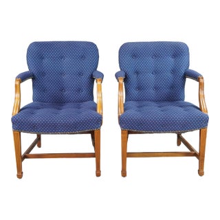 2 Mid Century Federal Mahogany Office Arm Chairs Blue Polka Dot Tufted Fabric For Sale