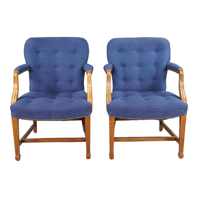 2 Mid Century Federal Mahogany Office Arm Chairs Blue Polka Dot Tufted Fabric For Sale