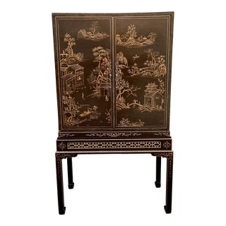 Vintage Leather Wrapped Chinoiserie Maitland-Smith Bar Armoire Cabinet For Sale