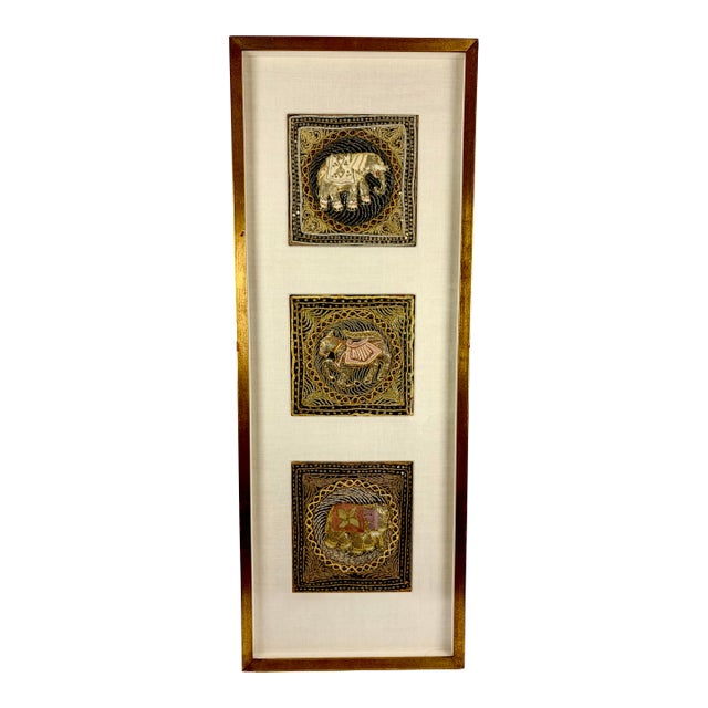 Late 20th Century Framed Burmese Kalaga Tapestry With Beaded Embroidery | Elephant Panel Wall Art For Sale