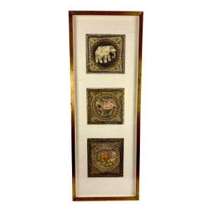 Late 20th Century Framed Burmese Kalaga Tapestry With Beaded Embroidery | Elephant Panel Wall Art