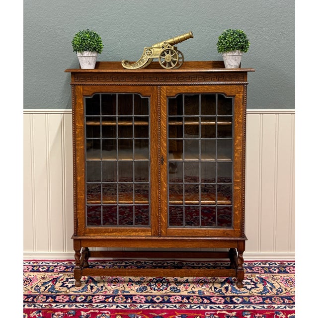 BEAUTIFUL Antique English Honey Oak Bookcase or Display Cabinet with Double Wavy Leaded Glass Doors ~~c. 1930s PERFECT for...