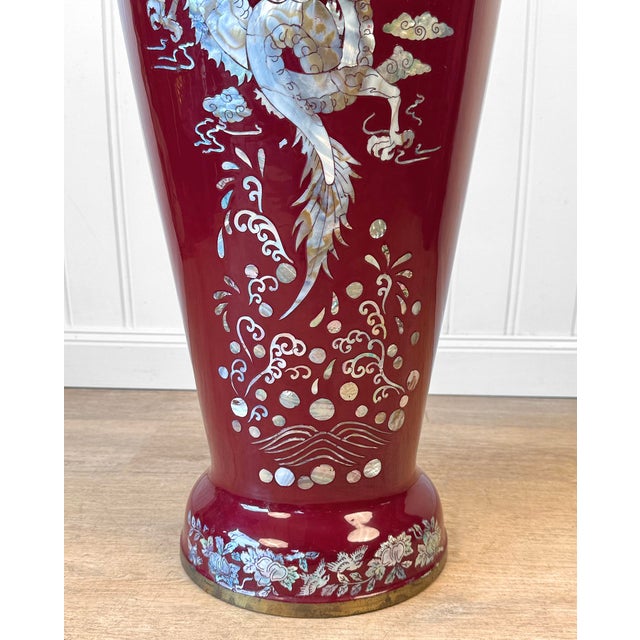 Vintage 41" Chinese Chinoiserie Red Enamel & Mother of Pearl Inlay Dragon Floor For Sale - Image 9 of 10