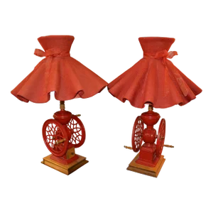 Vintage Pair Red Cast Iron / Metal Coffee Grinder Table Lamps Poughkeepsie New York
