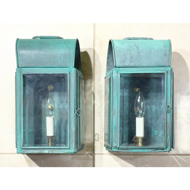 Pair of Antique Verdigris Copper Wall Lanterns – Converted & Electrified For Sale - Image 4 of 17