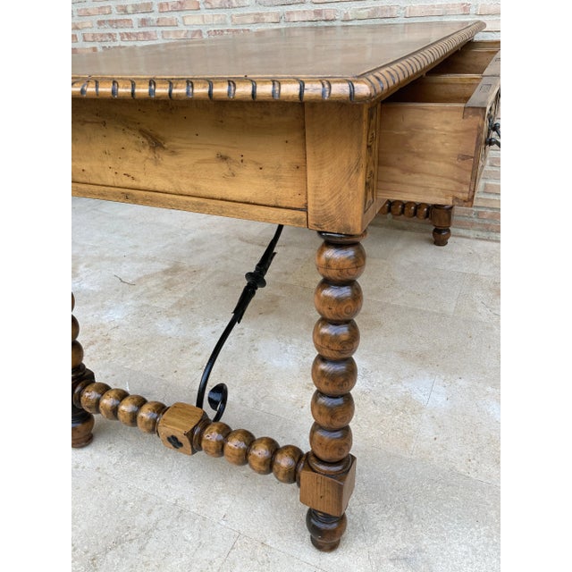 19th-Century French Hand Carved Oak Desk with Iron Stretcher & Solomonic Legs For Sale - Image 16 of 18