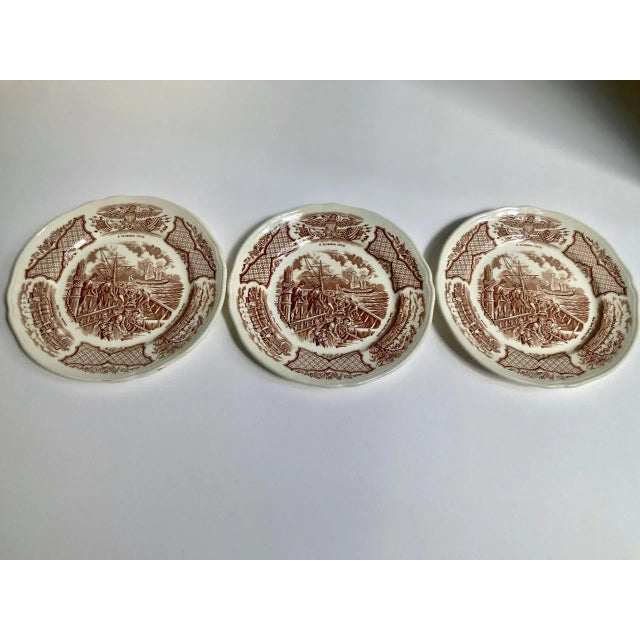 Set of Three Fair Winds Historical Scenes of Chinese Export "USS Constitution Engaging Chinese Junks" Cream Transferware...