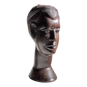 Vintage Hand-Carved Ebony Bust Sculpture – Artisan Carved Wood Head (9”)