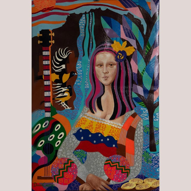 Diana Castro, Portrait with Tropical Motifs, 1990s, Oil on Canvas For Sale - Image 8 of 8