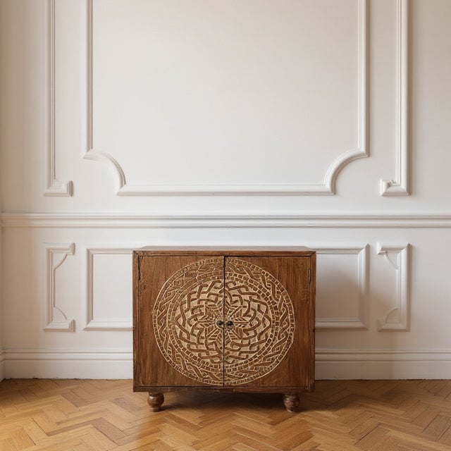 Brown Hand-Carved Solid Teak Mandala Cabinet — Sculptural Statement Storage From Bali For Sale - Image 8 of 12