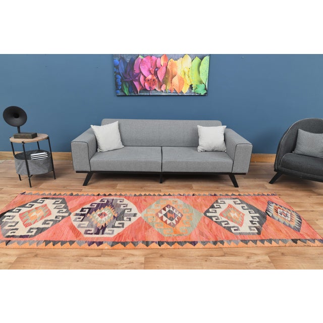 1970s 1970s Vintage Handmade Wool Cotton Orange Runner Rug For Sale - Image 5 of 11