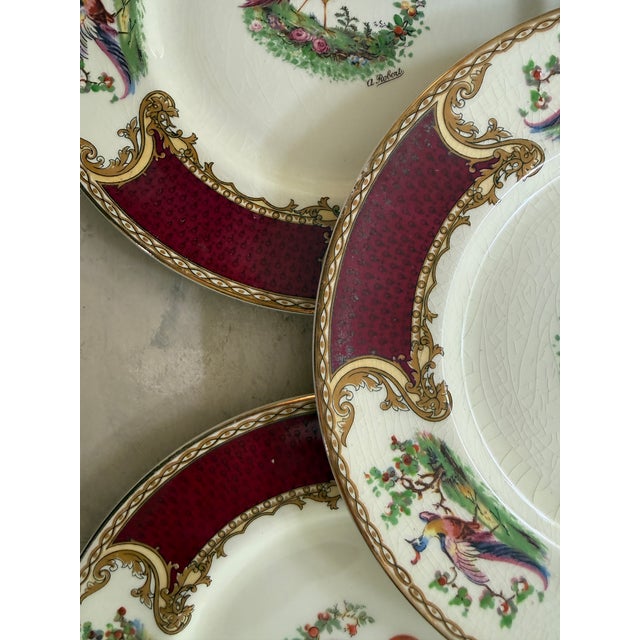 1930s 1930s Myott Staffordshire Chelsea Bird Salad Plates Burgundy Gold English China - Set of Eight (8) 7 7/8” For Sale - Image 5 of 11