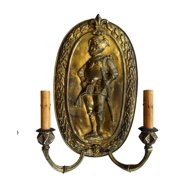 Late 19th Century Antique Brass Wall Sconces With Embossed Knights and Fleur De Lis - a Pair For Sale - Image 5 of 6