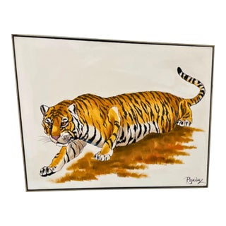 Large Signed Tiger Painting, Acrylic on Canvas, Mid-Century Modern For Sale