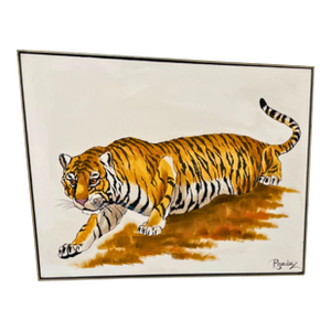 Large Signed Tiger Painting, Acrylic on Canvas, Mid-Century Modern