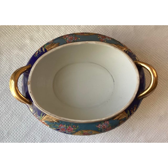 Vintage Chinese Porcelain Tureen, Hand Painted, Royal Blue & Gold Floral For Sale - Image 11 of 12