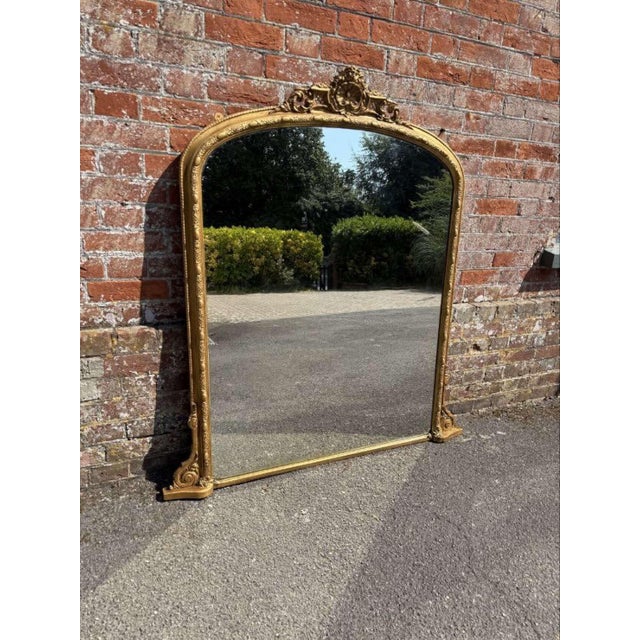 Glass Large Antique 19th Century English Arched-Top Gilt Overmantle Mirror For Sale - Image 7 of 8