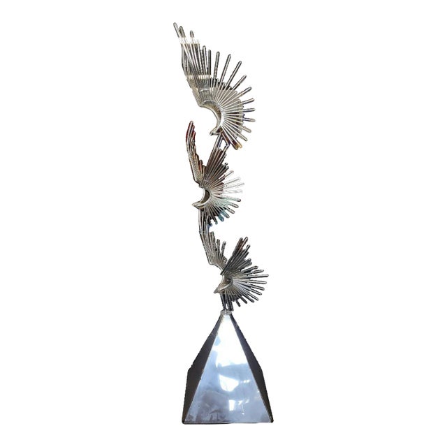 Curtis Jere "Birds at Flight" Chrome Metal Sculpture With Trapezoidal Base For Sale
