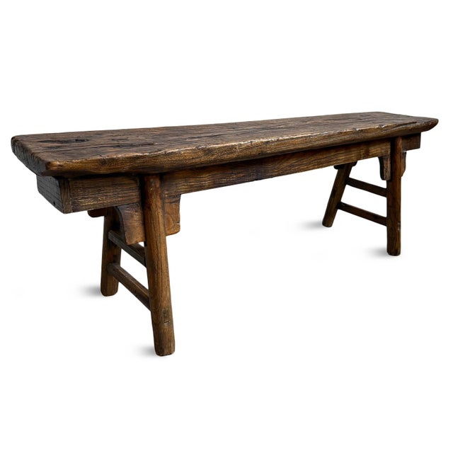 Rustic Vintage Stained Elm Village Bench For Sale - Image 3 of 6