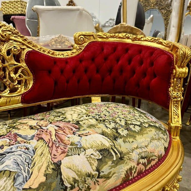 French Style Art Bench Small Settee Vintage Red Velvet Gold Details For Sale In Miami - Image 6 of 7