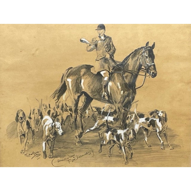 Signed Michael Lyne “American Foxhounds” Framed Drawing, c.1950 – Pencil and Chalk British Sporting Art For Sale - Image 9 of 12