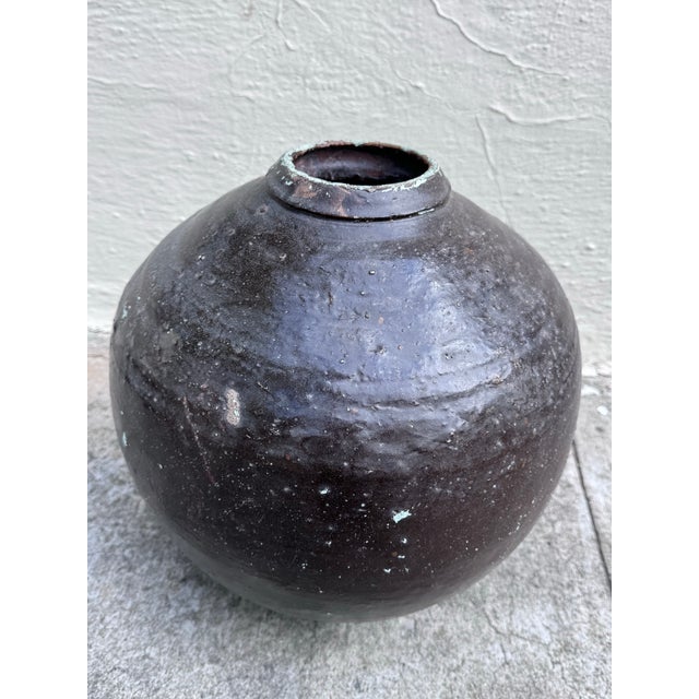 Brown Antique Mexican Tinaja Water Jar With Peeling Celadon Paint, Oaxacan Folk Pottery, C. Early 20th Century For Sale - Image 8 of 10