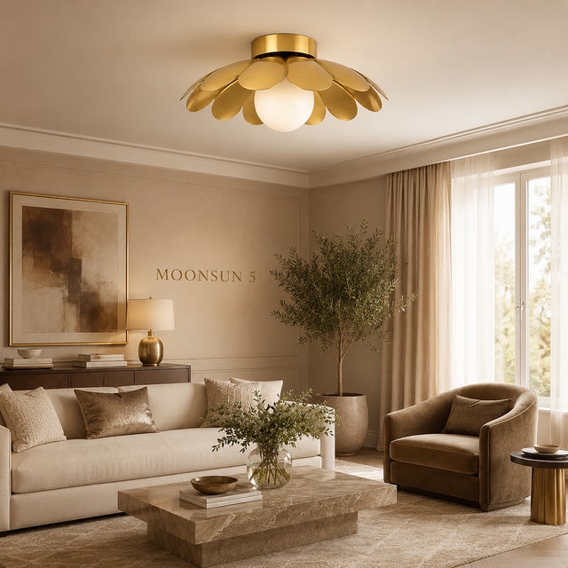 Brass Polished Flower Ceiling Light, Mid Century Modern Flush Mount Light, Daisy Ceiling Lamp, Frosted Glass Globe Fixture For Sale - Image 4 of 10