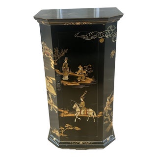 Vintage Hand-Painted Chinoiserie Black-Lacquer Octagonal Pedestal Cabinet For Sale