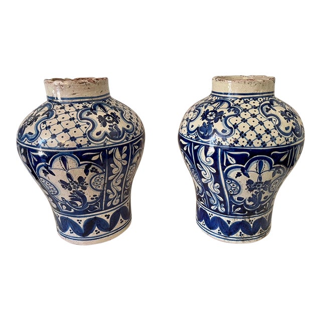 Antique Talavera Pottery Jars From Puebla Mexico- Set of 2 For Sale
