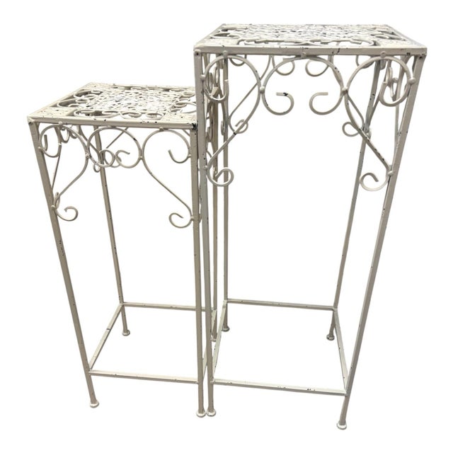 Pair of Vintage Indoor/Outdoor Hollywood Regency Graduated Metal Plant Stands, Distressed Ivory Scrollwork For Sale - Image 10 of 10