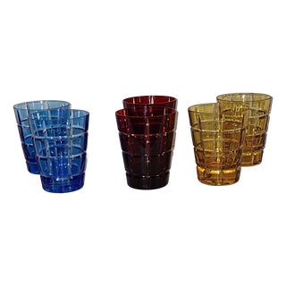 Cut Colored Whisky Glasses in Overlay Technique with Geometric Decoration, 1990s, Set of 6 For Sale