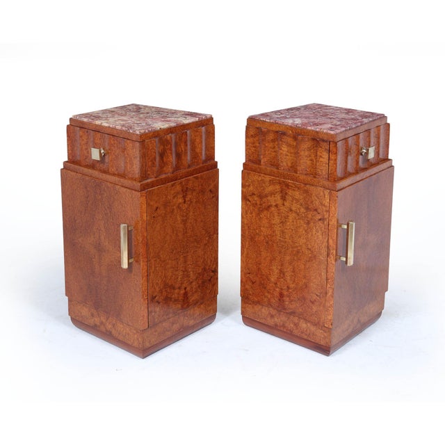 French Art Deco Bedside Tables in Amboyna and Marble, 1930s, Set of 2 For Sale - Image 3 of 15