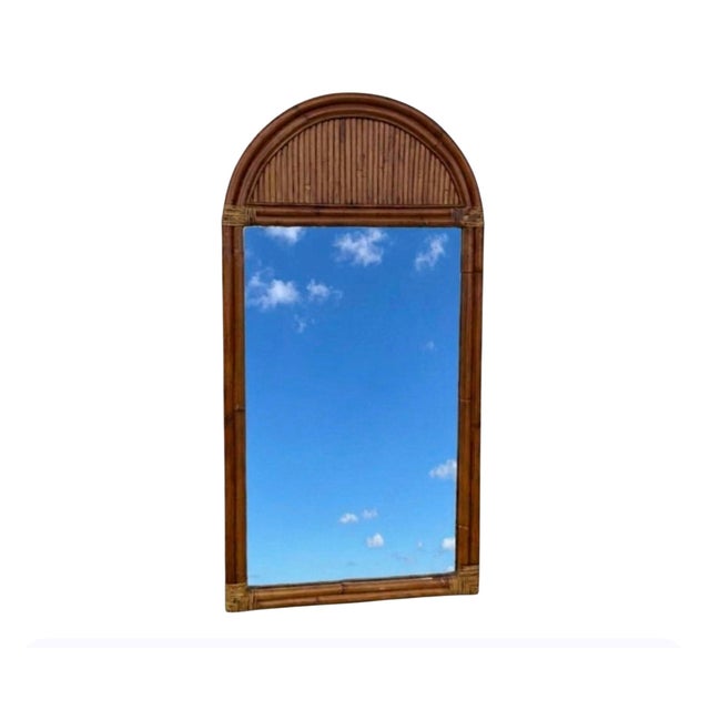 1970's Waterfall Rattan Arch Mirror Manner of Gabriela Crespi sold as found previoulsy owned and used in good condition