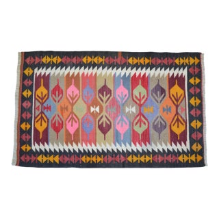 3x5 Ft Vintage Turkish Kilim Rug, Village Flat Weave, Natural Dyes, Multicolor Area Rug For Sale