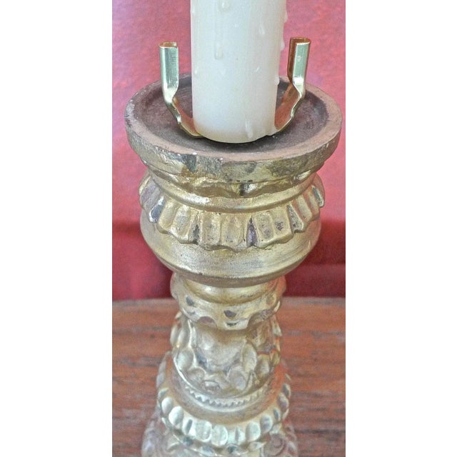 Wood French 19th Century Hand Carved Hand Painted Gold Leaf Wood Candlestick Lamp For Sale - Image 7 of 11