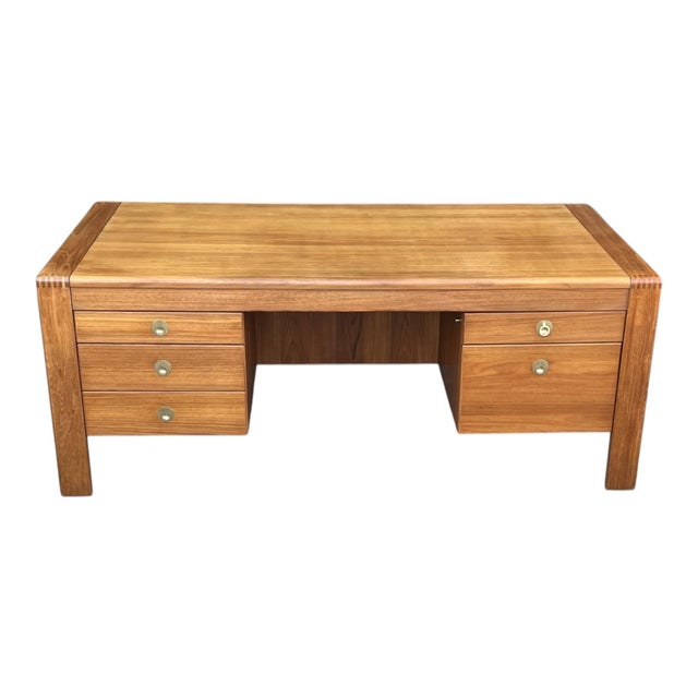 Mid-Century Modern Teak Executive Desk – Danish Style Double Pedestal Desk With Brass Pulls For Sale - Image 4 of 17