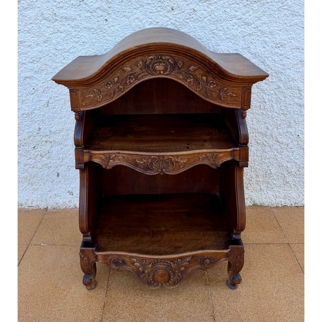 1950s Spanish Carved Wood Open Shelf With Floral Decoration For Sale - Image 9 of 13