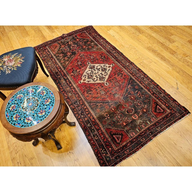 Vintage Persian Hamadan Rug, Hand-Knotted Wool, Geometric Medallion Pattern, Moss Green & Red, 4x7 For Sale In Chicago - Image 6 of 18