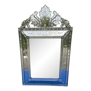 Vintage Beveled Venetian Mirror With Foliate Crest and Reverse Etching For Sale