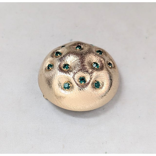 Napier Vintage Signed Napier Textured Goldtone Round Domed Faux-Emerald Studded Brooch For Sale - Image 4 of 7