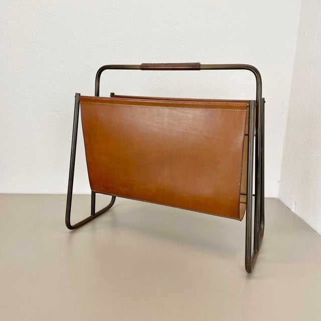 Carl Auböck Brass and Brown Leather Magazine Holder attributed to Carl Auböck, Austria, 1950s For Sale - Image 4 of 18