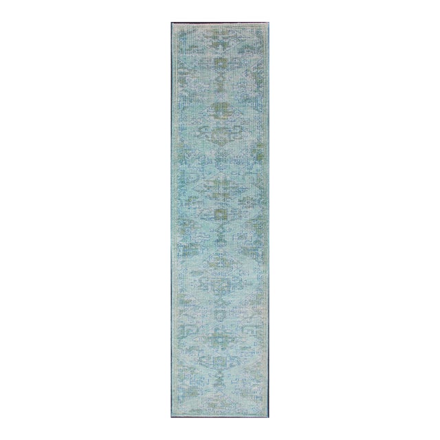 Modern Hand-Knotted Oushak Runner in Wool With All-Over Medallion Design For Sale