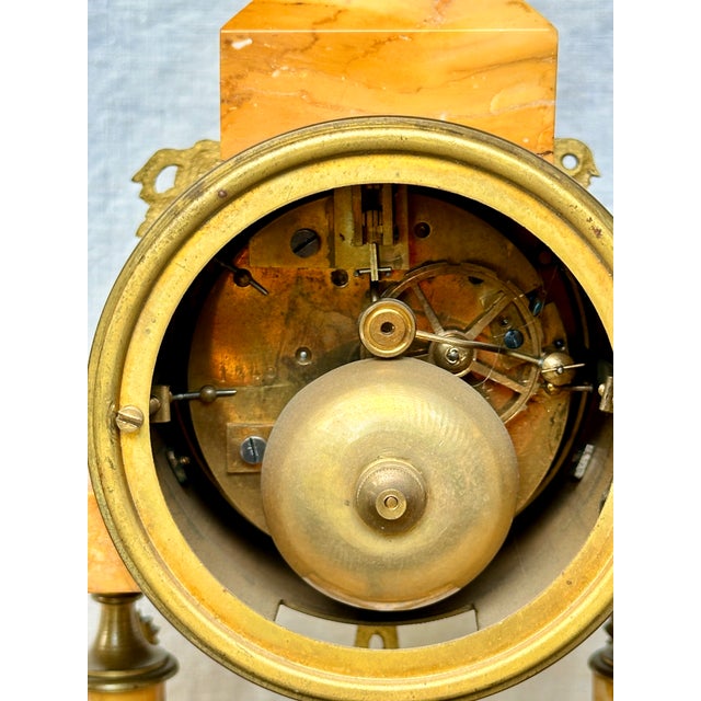 19th Century Louis XVI French Neoclassical Marble and Gilt Bronze Mantel Clock and 5 Arm Candelabra Garniture Set For Sale - Image 9 of 12