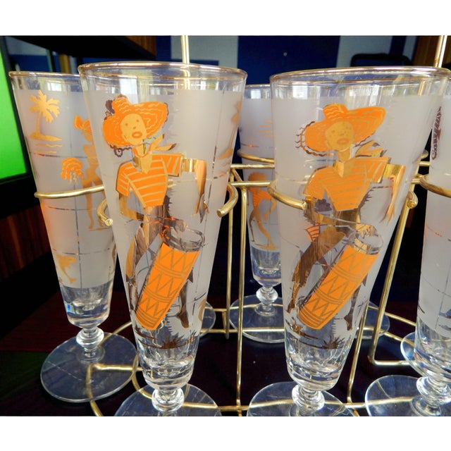 Eight 1960's MCM Tropical Theme Beer Glasses W/ Carrier For Sale In Columbus - Image 6 of 6
