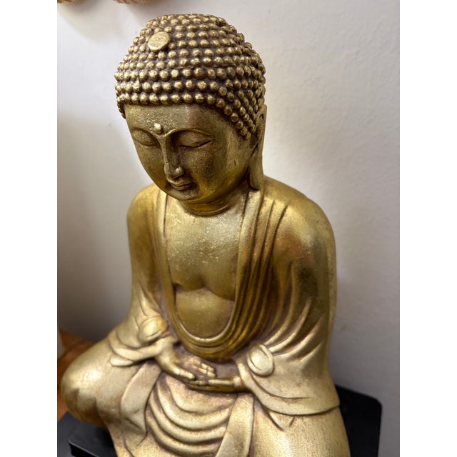 Asian Ceramic Gold Tone Sitting Buda Statue on Wood Base For Sale - Image 3 of 11