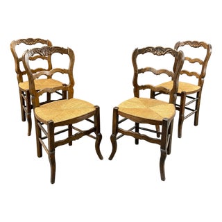 Set of 4 Antique French Provincial Ladderback Dining Chairs | Louis XV Style Rush Seat For Sale